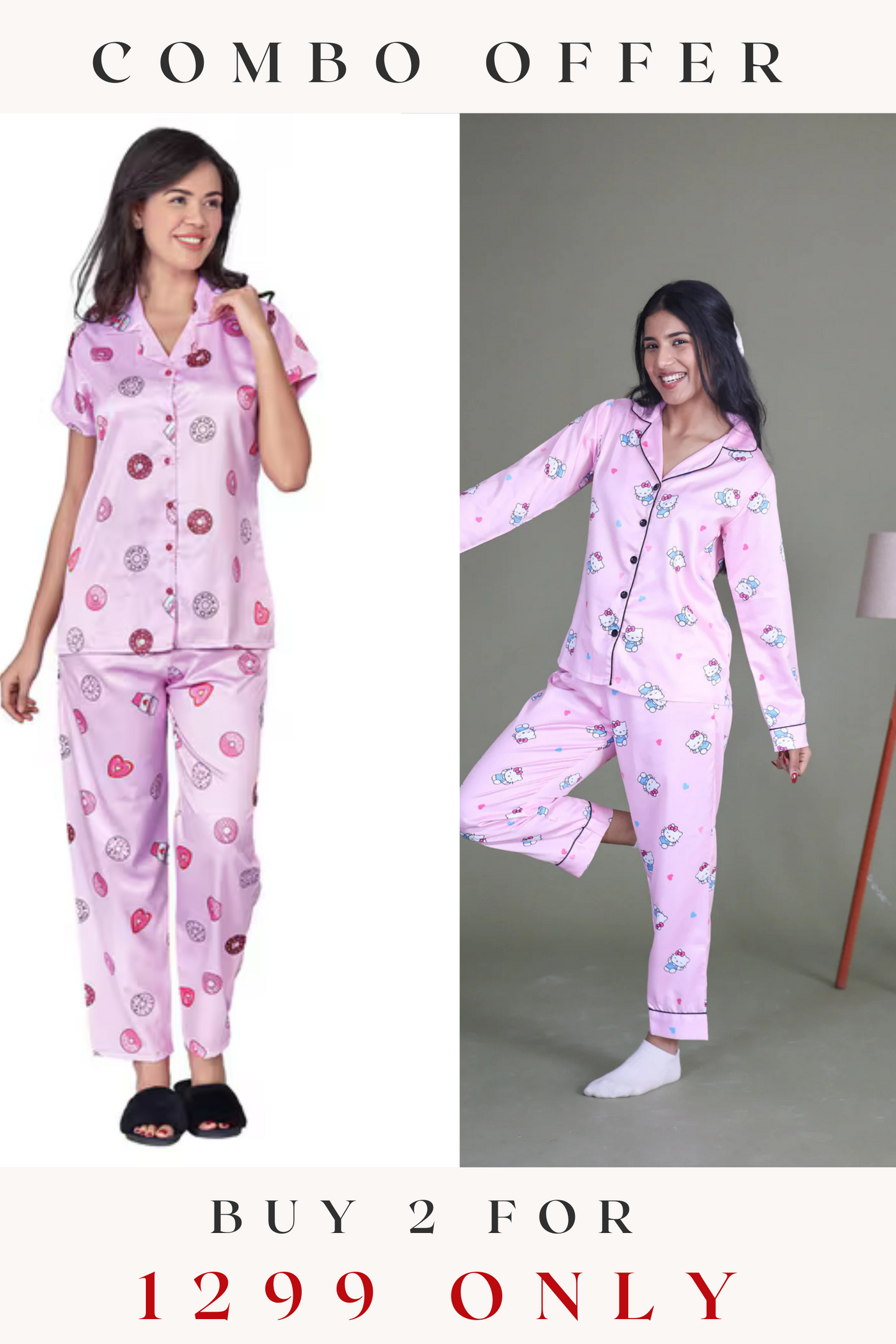 COMBO OF 2 Night Wear Satin Pastle Pink Peach Color suits