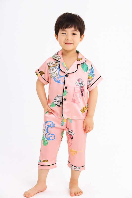 Printed peach Satin Co-ord Set for Boys and Girls