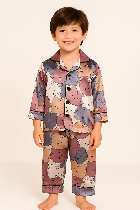 Printed Cat design Satin Co-ord Set for Boys and Girls