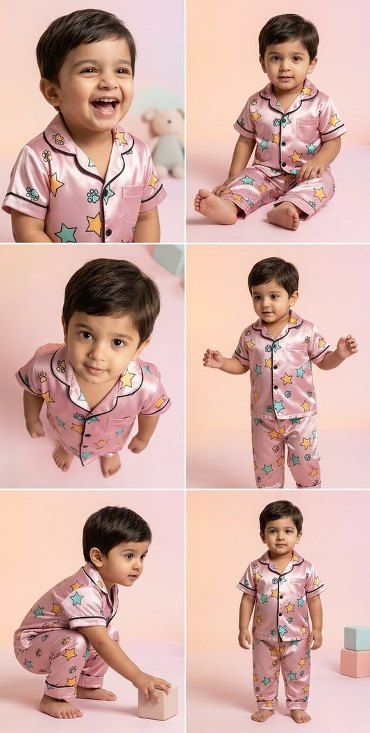 Printed White Satin Co-ord Set for Boys and Girls