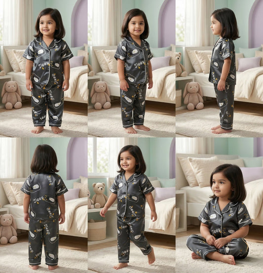 Printed Blue Black Satin Co-ord Set for Boys and Girls