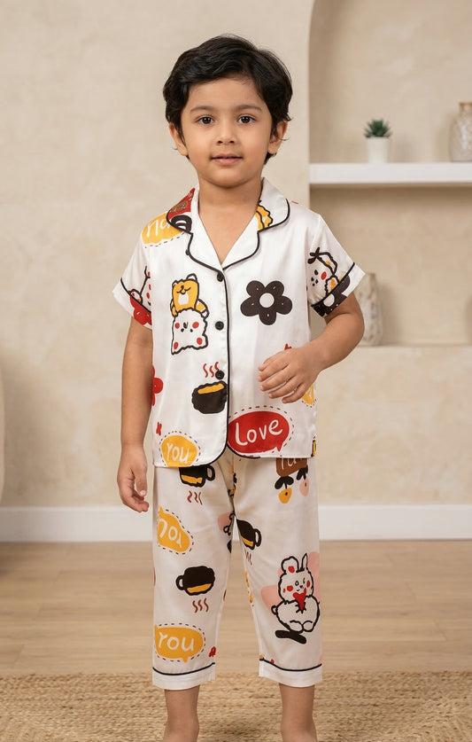 Printed White Satin Co-ord Set for Boys and Girls