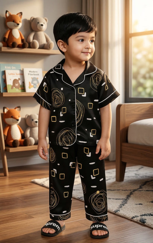 Printed Black Satin Co-ord Set for Boys and Girls