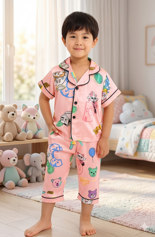 Printed peach Satin Co-ord Set for Boys and Girls