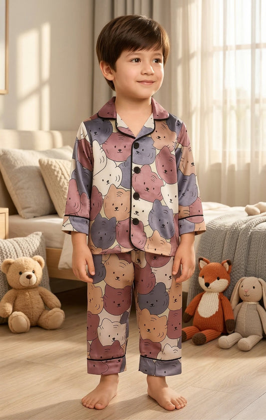 Printed Cat design Satin Co-ord Set for Boys and Girls