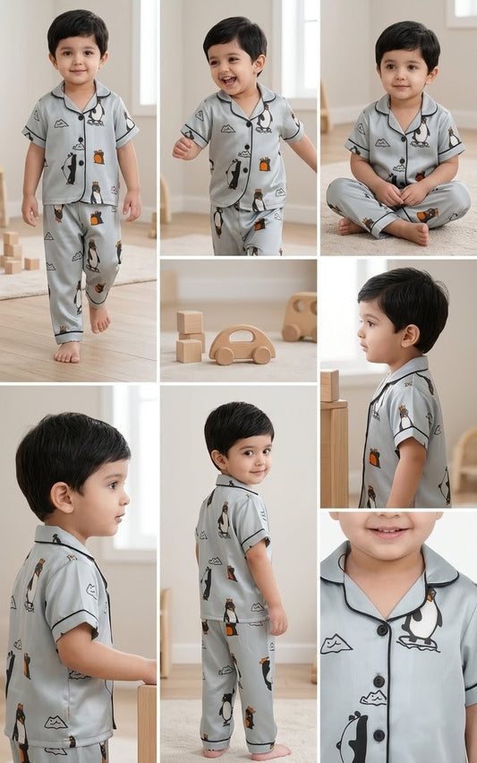 Printed Sky Blue Satin Co-ord Set for Boys and Girls