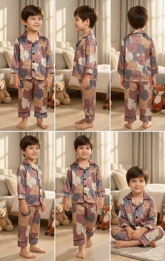 Printed Cat design Satin Co-ord Set for Boys and Girls