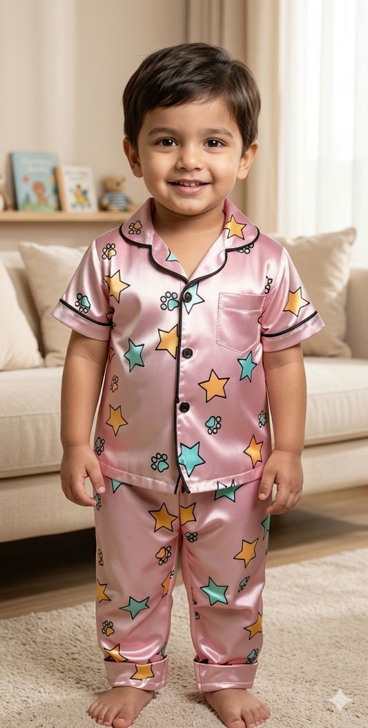 Printed White Satin Co-ord Set for Boys and Girls