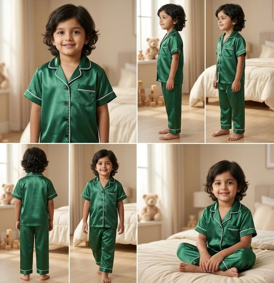 Green Satin Co-ord Set for Boys and Girls