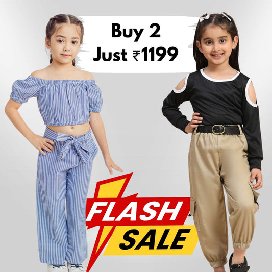 KIDSCUDDLES GIRLS DRESSES SKY BLUE KHAKHEE (Combo Pack Of 2)