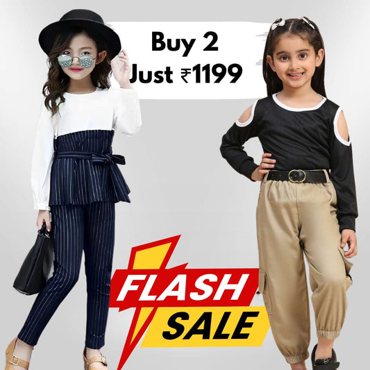 KIDSCUDDLES GIRLS DRESSES BLUE KHAKHEE (Combo Pack Of 2)
