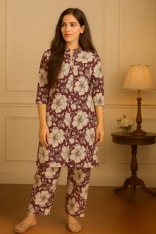 FLORAL PATTERN MAROON DRESS
