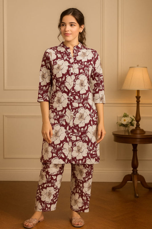 FLORAL PATTERN MAROON DRESS