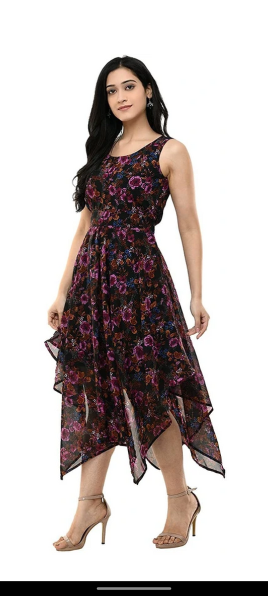 "Midnight Bloom Handkerchief Hem Dress"