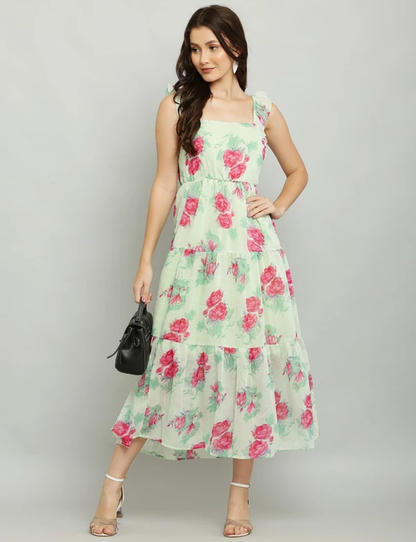 "Mint Rose Ruffle Midi Dress"