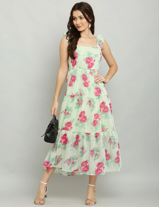 "Mint Rose Ruffle Midi Dress"