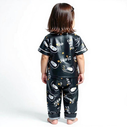 Printed Blue Black Satin Co-ord Set for Boys and Girls