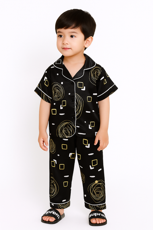 Printed Black Satin Co-ord Set for Boys and Girls