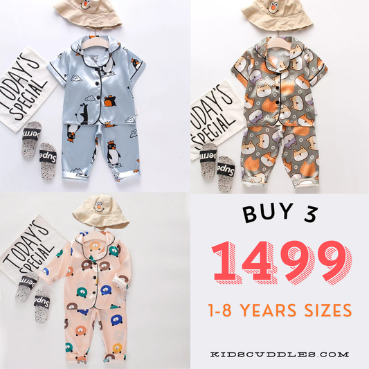 3 NIGHT SUITS COMBO FOR BOYS AND GIRLS (PRINTED DESIGN SKY BLUE PEACH MULTI)