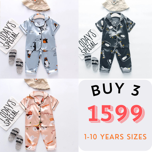 3 NIGHT SUITS COMBO FOR BOYS AND GIRLS (PRINTED DESIGN SKY BLUE PEACH MULTI) (
