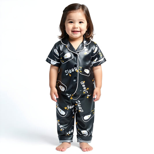 Printed Blue Black Satin Co-ord Set for Boys and Girls