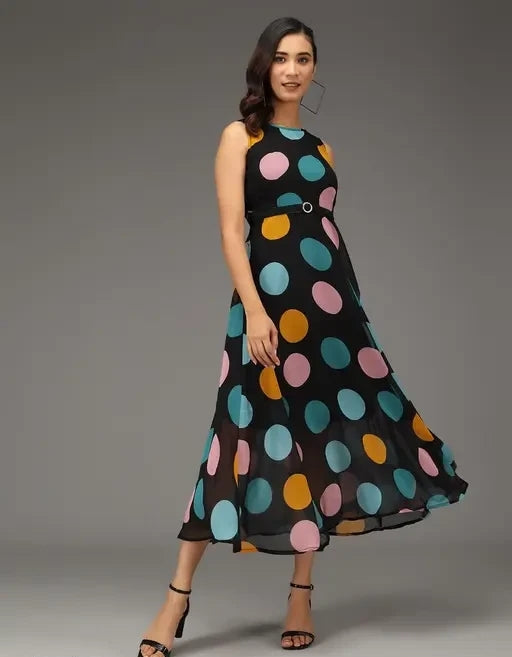 BLACK DOTED MIDDI WOMEN DRESS