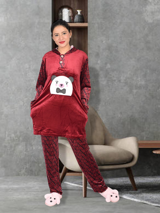 Imported Winter Nightsuite Heavy Stuff Dress for Girls(Maroon)